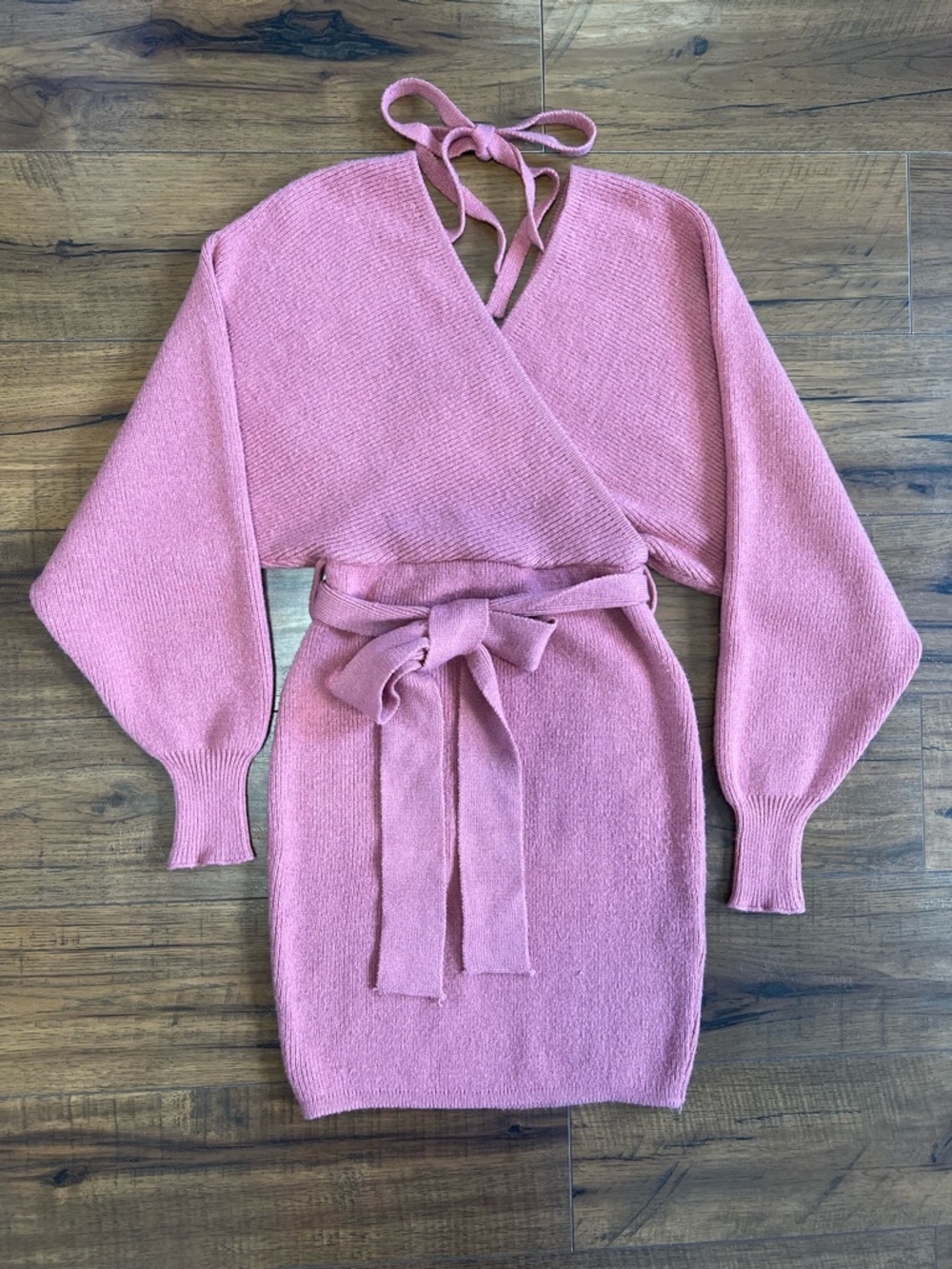 ❄️☃️ Windsor Blush Pink Wrap Ribbed Knit Bodycon Dress with Waist Tie Size Small